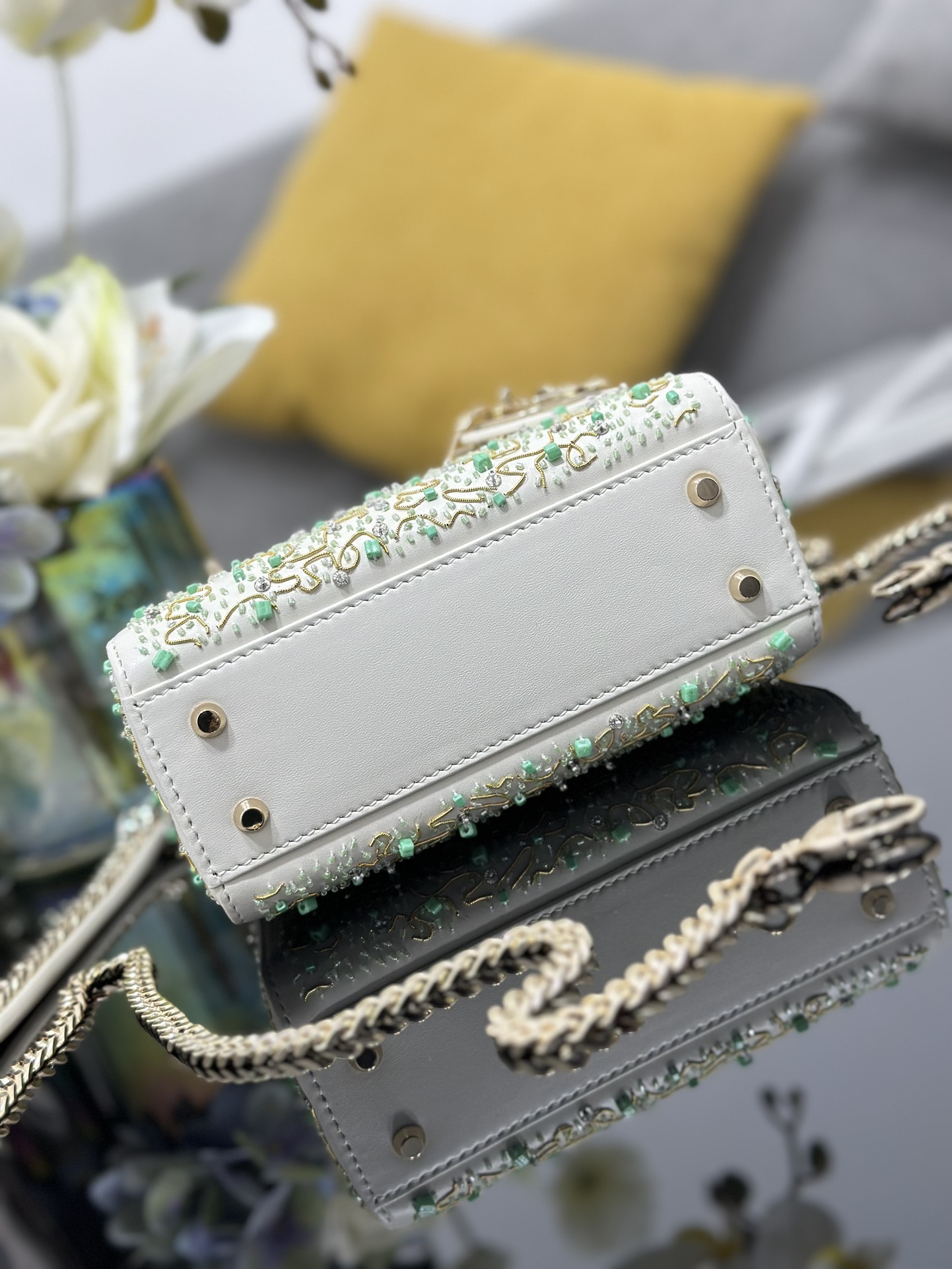 Mini Lady Dior Bag White Calfskin Embroidered with Mint Green Bead